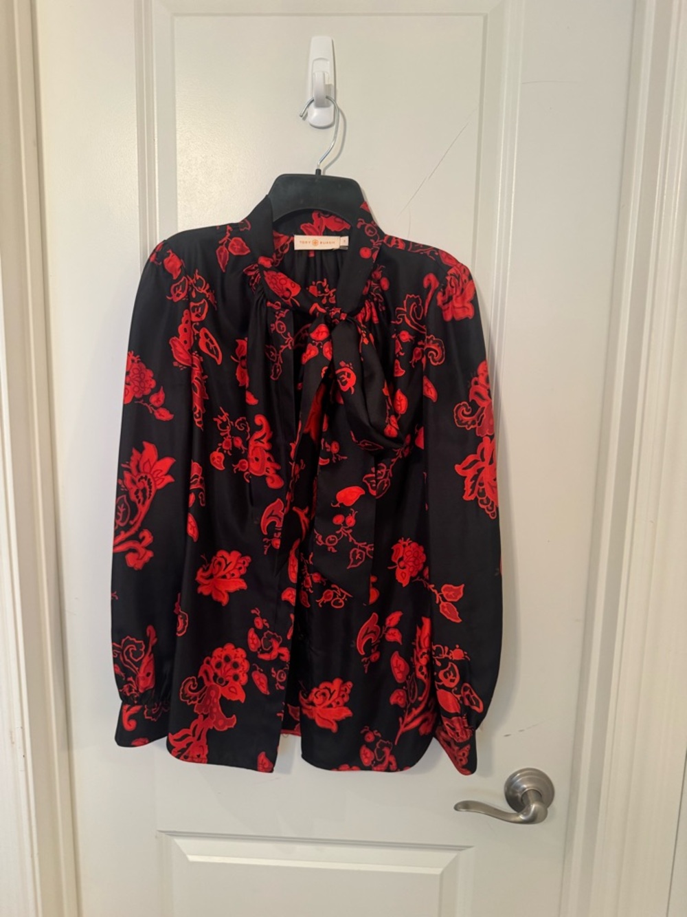 Tory Burch Black Blouse with Red Floral Print